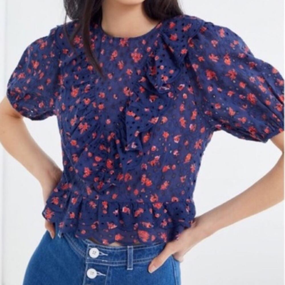 Urban Outfitters Navy Pink Ruffle Eyelet Puff Sleeve Crop Top Zipper Back U9
